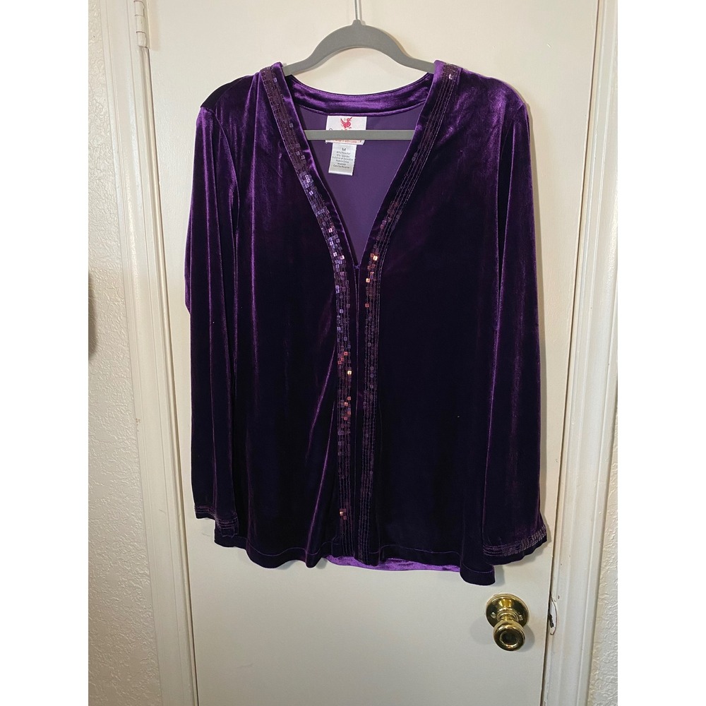 Quacker Factory Purple Velvet Sequin Trim Open Front Cardigan Top Medium